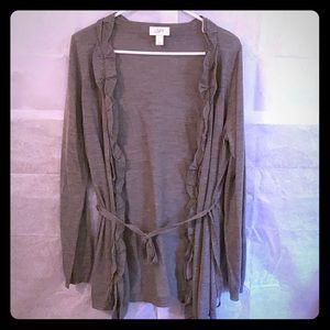 Grey open long sweater with removable cotton belt